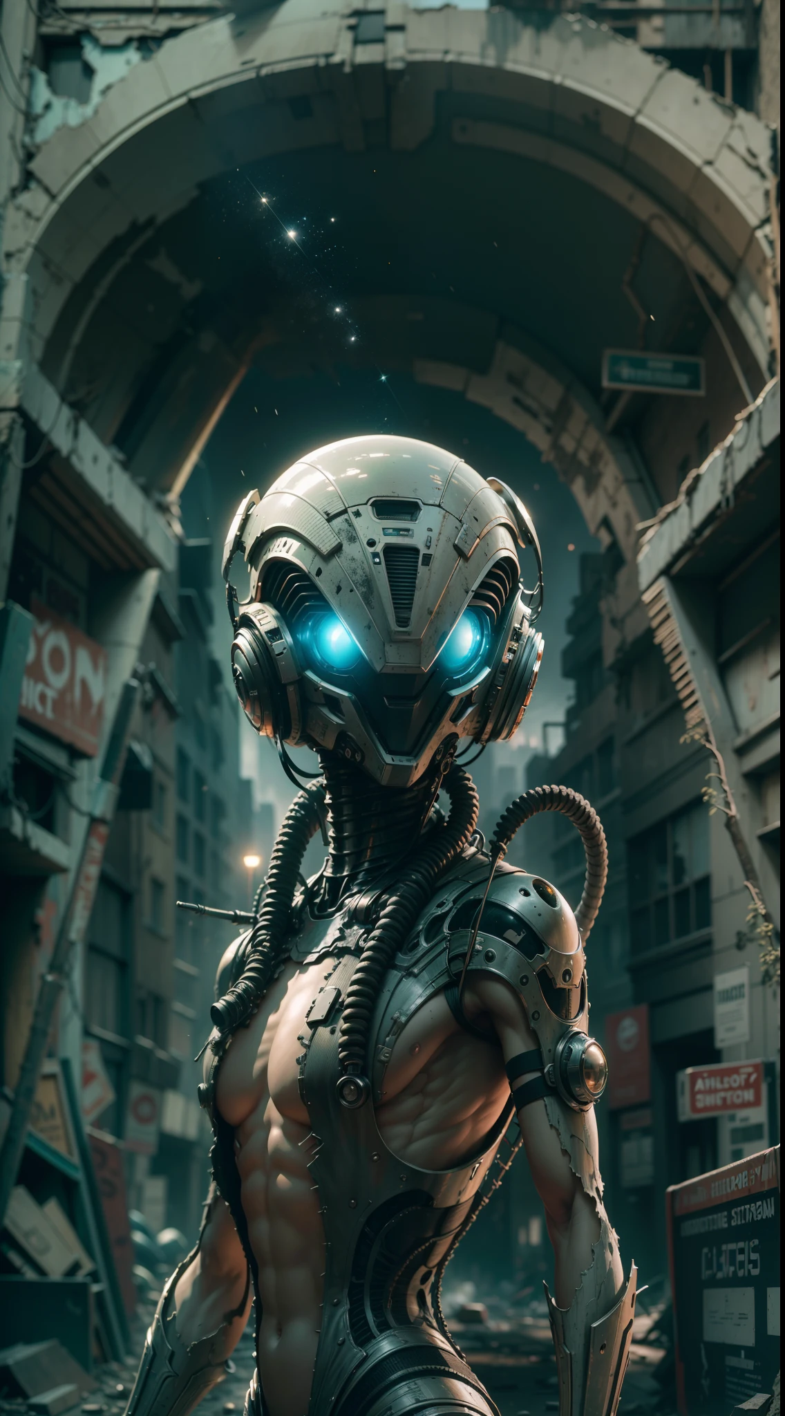 A highly detailed and technologically advanced alien in a post-apocalyptic, dilapidated cityscape. Another dimension, the creator of the universe,Walking on empty streets, Around ancient strong magic, 8K photo quality, intricate details, depth of field,