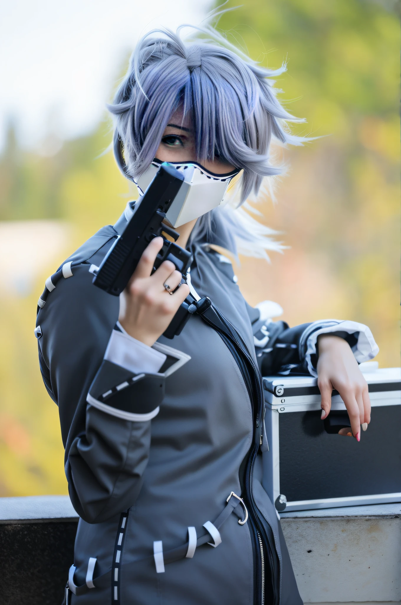 There was a woman with a gun，Wearing a mask, Anime cosplay, Anime style mixed with Fujifilm, professional cosplay, cosplay foto, cosplay, trigger anime artstyle, Anime girl cosplay, with pistol, rpgmaker, as an anime character, girls frontline style, full-cosplay, Anime figure, m4 sopmod ii girls frontline, 2 b, 2b, with rifle
