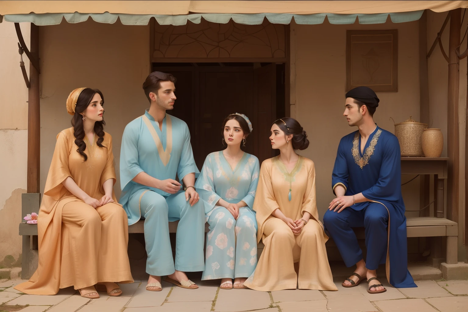 Year: 11th century. Location: Ispahan. Pre-raphaelite scene, 23-year-old, ((two jewish married couples)), in the market, ((((11th century plain caftan)))) ((11th century jewish hairstyle)), (((cinematic style)))