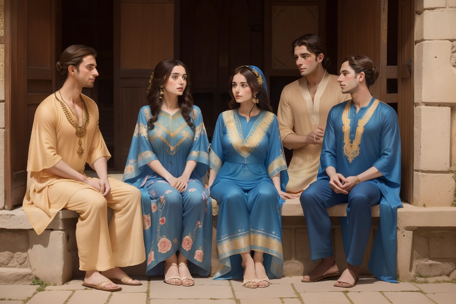 Year: 11th century. Location: Ispahan. Pre-raphaelite scene, 23-year-old, two jewish couples, and two boys, in the market, ((((11th century plain caftan)))) ((11th century hairstyle)), (((cinematic style)))
