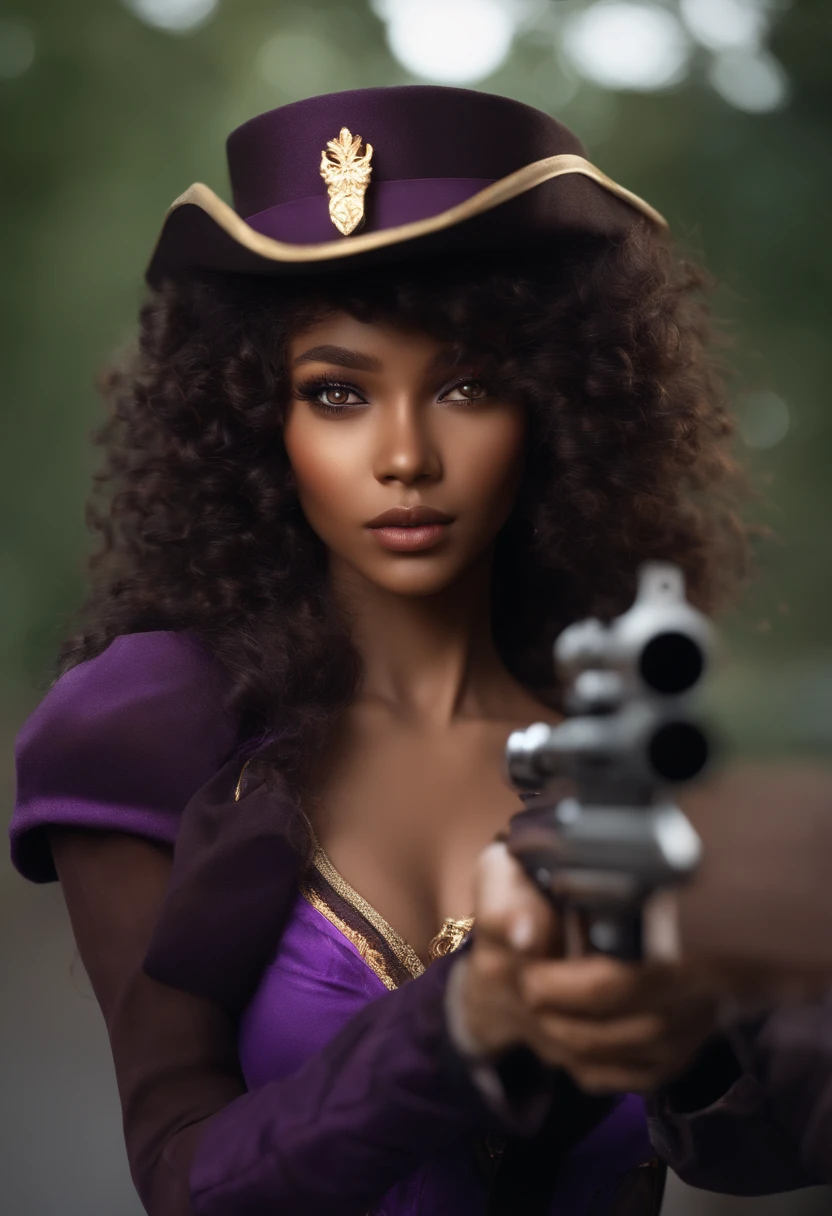 Cute girl with brown skin, Sexy body, Purple wavy curls [With a black shade], Golden eyes (Shiny), ultra-realistic eyes, With a pistol, Jumps, With sniper costumes, Fearless riot game, face round, Realistic lighting, ラジオシティ, Close up.