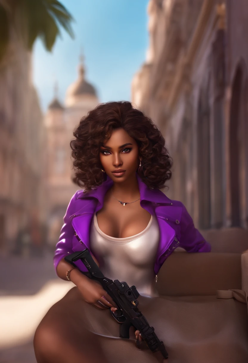Cute girl with brown skin, Sexy body, Purple wavy curls [With a black shade], Golden eyes (Shiny), ultra-realistic eyes, With a pistol, Jumps, With sniper costumes, Fearless riot game, face round, Realistic lighting, ラジオシティ, Close up.