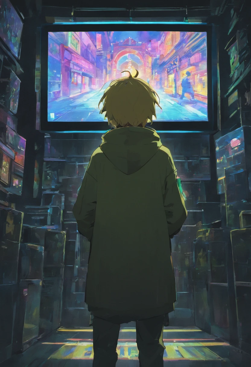 Man in hoodie over his head watching a large television screen inside a museum, hay bolsas de basura y basura esparcida por todo el museo, tiene lugar en un entorno cyberpunk, The TV is brightly lit with a blank image that projects nothing oil pastel paint