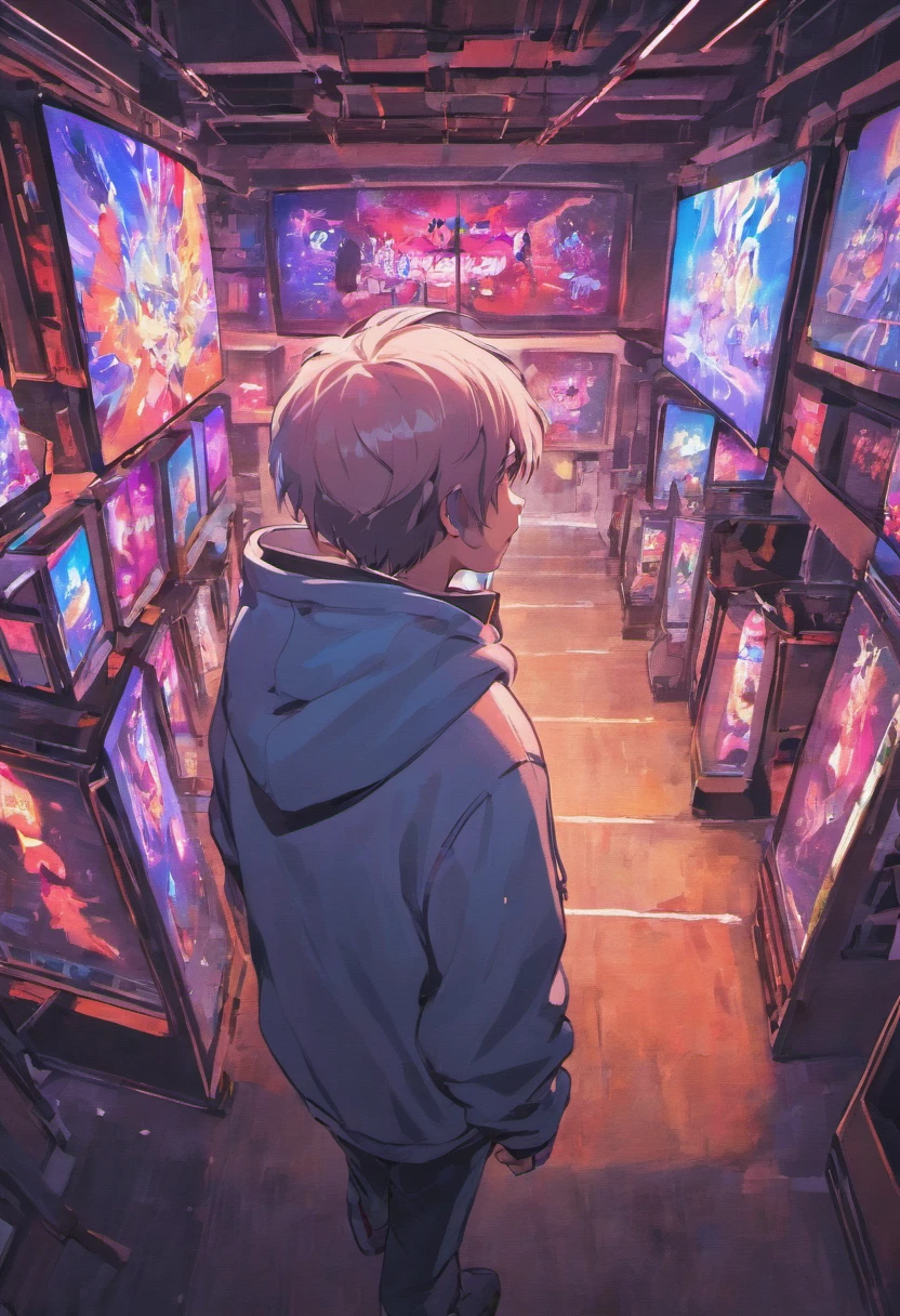 Man in hoodie over his head watching a large television screen inside a museum, hay bolsas de basura y basura esparcida por todo el museo, tiene lugar en un entorno cyberpunk, The TV is brightly lit with a blank image that projects nothing oil pastel paint