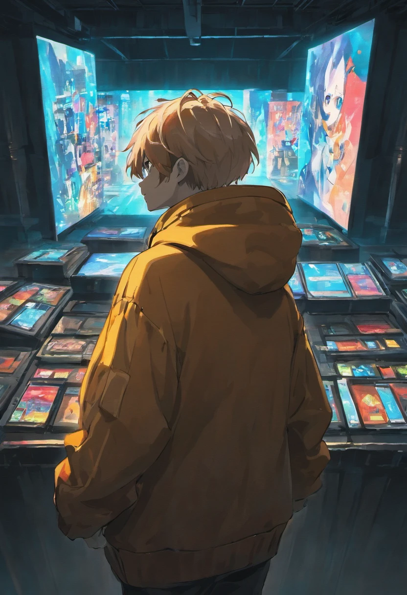 Man in hoodie over his head watching a large television screen inside a museum, hay bolsas de basura y basura esparcida por todo el museo, tiene lugar en un entorno cyberpunk, The TV is brightly lit with a blank image that projects nothing oil pastel paint