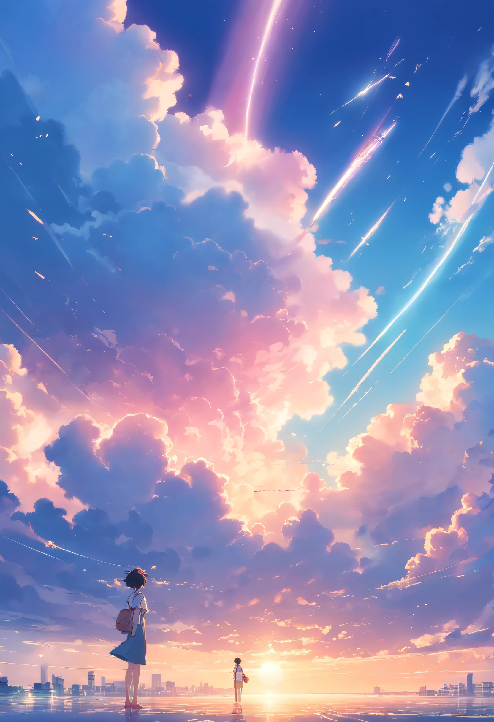 tmasterpiece,Clouds,humongous large breast,Heart shape,Marshmallow properties,White pink tone,Above the whole,high-definition photography,blue-sky,Blue,light wind,illustration,Clean and bright,Planes,Huge small,Sweep across the sky from the bottom up,Bright light
