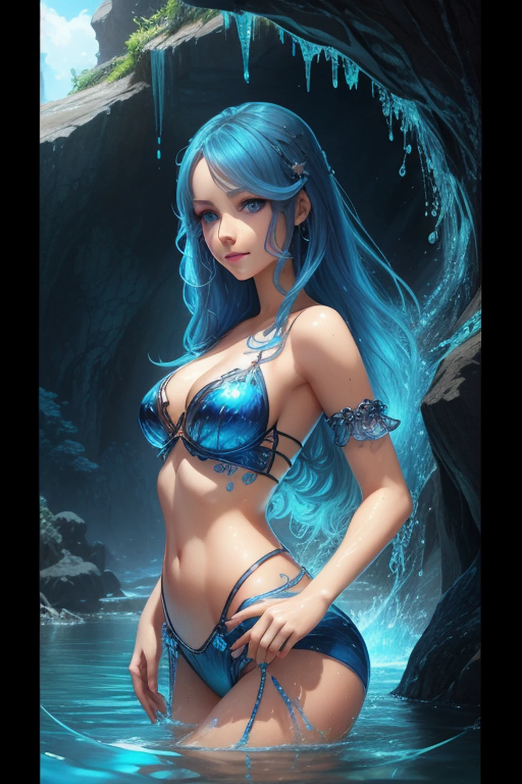 a woman with blue eyes and a tiable is standing in the water, closeup fantasy with water magic, stunning digital illustration, neoartcore and charlie bowater, detailed fantasy digital art, beautiful digital artwork, charlie bowater art style, charlie bowater rich deep colors, fantasy art behance, beautiful digital illustration, charlie bowater character art, gorgeous digital art