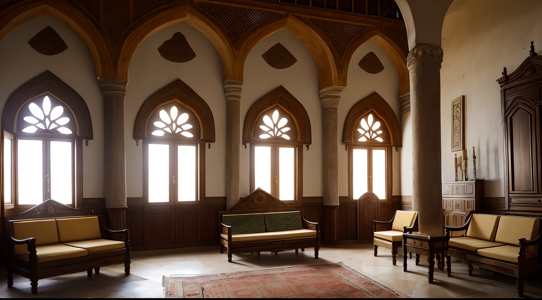 Interior view of East Africa Portuguese Governor's Palace, European and Christianity architecture, Kilwa, Mombasa, Malindi, Kingdom of Portugal, 15th century, medieval, East Africa element, Iberia Elements, mixture of East Africa style and European style and Kilwa style furniture, Portuguese style throne, no people, no word, no wordings, no signature
