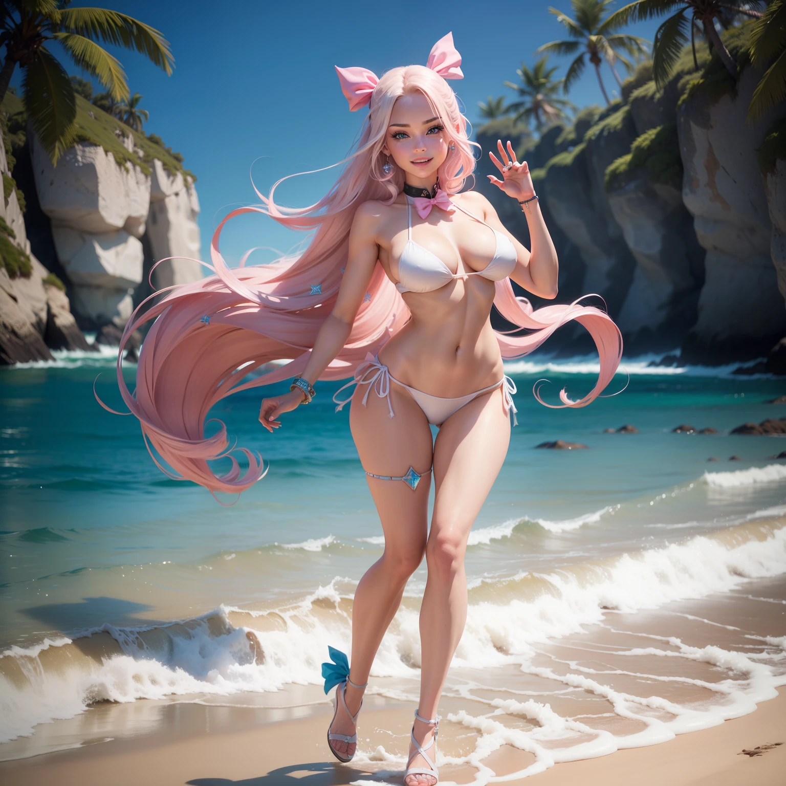 One Barbie, ((Full body)),8th class, Blue eyes, Smiling face, Hair loss swaying in the wind, Hip Hop Singer Pose, Dressed in hip-hop style,White Bikini,swarovski,pasties,With a pink bow on the arm, Fashion, Extremely high quality, high details, 8K, clean back ground, in studio, ((Full body shot)),Align your fingers neatly,Accurate Hand Modeling,wave her hand,west coast beach