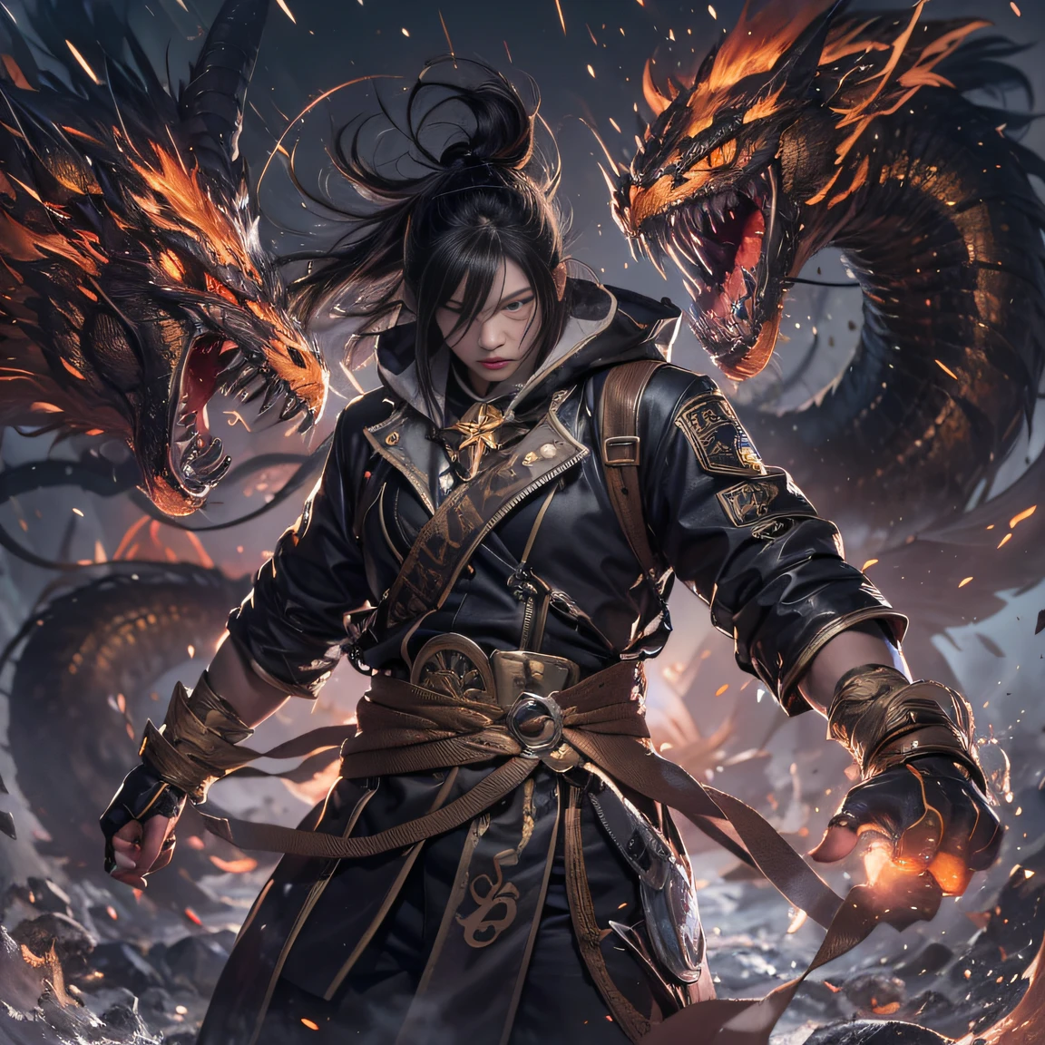 (废墟)eyes filled with angry,He clenched his fists,Rush up,Deliver a fatal blow to your opponent,full bodyesbian,Full Body Male Mage 32K(tmasterpiece,k hd,hyper HD,32K)Long flowing black hair,Campsite size,zydink, a color, patriot (废墟), (Linen batik scarf), Angry fighting stance, looking at the ground, Batik linen bandana, Chinese python pattern long-sleeved garment, (Abstract propylene splash:1.2), Dark clouds lightning background,Flour flies(realisticlying:1.4),Black color hair,Flour fluttering,Background fog, A high resolution, the detail, RAW photogr, Sharp Re, Nikon D850 Film Stock Photo by Jefferies Lee 4 Kodak Portra 400 Camera F1.6 shots, Rich colors, ultra-realistic vivid textures, Dramatic lighting, Unreal Engine Art Station Trend, cinestir 800,Flowing black hair,(((Male mage))),The male mage was furious,