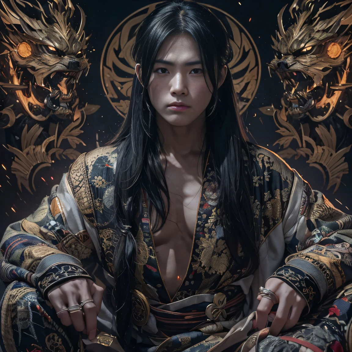 (废墟)eyes filled with angry,He clenched his fists,Rush up,Deliver a fatal blow to your opponent,full bodyesbian,Full Body Male Mage 32K(tmasterpiece,k hd,hyper HD,32K)Long flowing black hair,Campsite size,zydink, a color, patriot (废墟), (Linen batik scarf), Angry fighting stance, looking at the ground, Batik linen bandana, Chinese python pattern long-sleeved garment, (Abstract propylene splash:1.2), Dark clouds lightning background,Flour flies(realisticlying:1.4),Black color hair,Flour fluttering,Background fog, A high resolution, the detail, RAW photogr, Sharp Re, Nikon D850 Film Stock Photo by Jefferies Lee 4 Kodak Portra 400 Camera F1.6 shots, Rich colors, ultra-realistic vivid textures, Dramatic lighting, Unreal Engine Art Station Trend, cinestir 800,Flowing black hair,(((Male mage))),The male mage was furious,