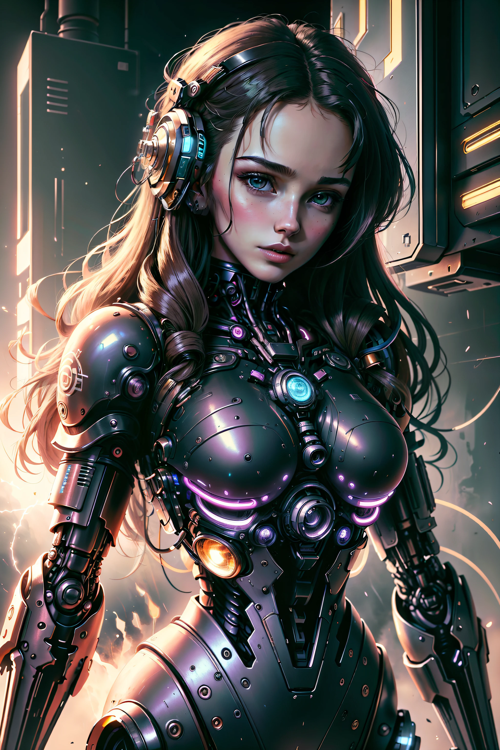 Full body close-up of robot standing in city on fire, cyberpunk anime girl mecha, advanced digital cyberpunk art, destroyed city, 8k, beautiful studio soft light, edge light, vibrant details, detailed skin, delicate face, shy lips, big eyes, slender waist, high quality realism, soft portrait shoot, medium chest, chest not convex, straight teeth --auto --s2