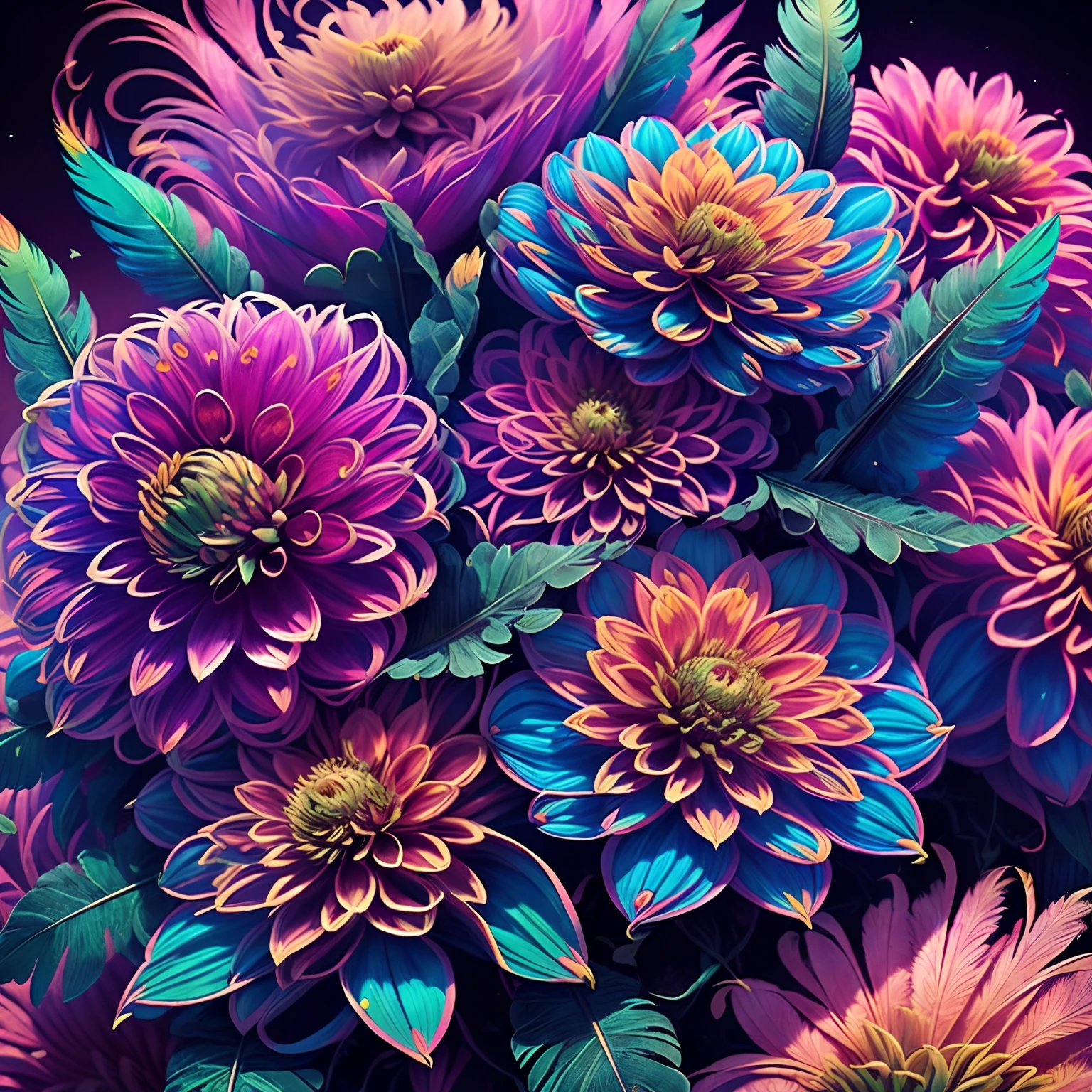 Riff Style 2 (masutepiece, top-quality, Best Quality, Official art, Plants and bird feathers, Beautiful and aesthetic:1.2), (dahlia:1.3), Extremely detailed,(Fractal Art:1.1),(Colorful:1.1)(Flowers:1.3),highest details,(Zentangle:1.2), (Dynamic Pose), (Abstract background:1.3), (Shiny skin), (Many colors:1.4), ,(earrings), (Feathers:1.5)