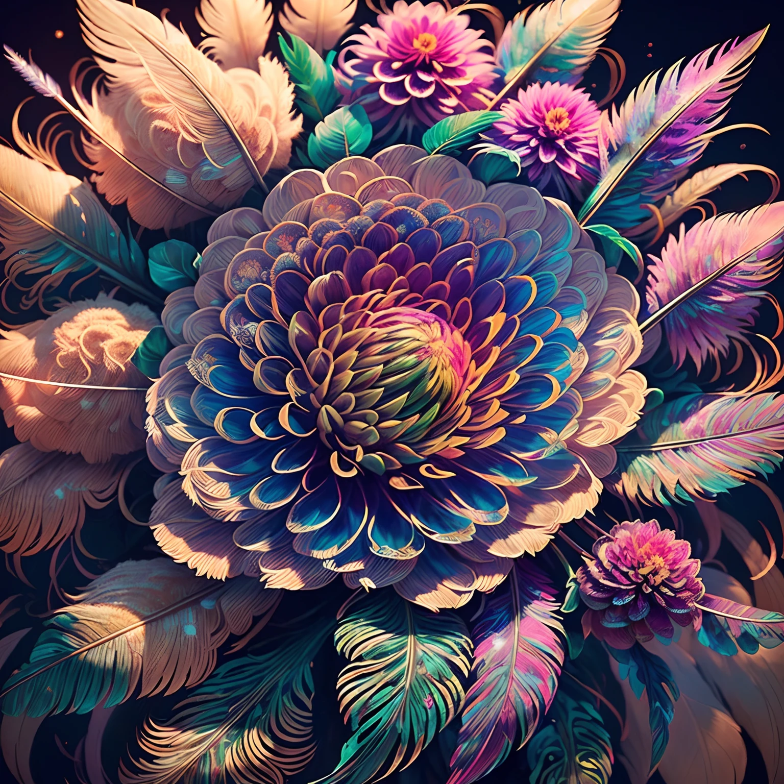 Riff Style 2 (masutepiece, top-quality, Best Quality, Official art, Plants and bird feathers, Beautiful and aesthetic:1.2), (Dahlia and pampas grass:1.3), Extremely detailed,(Fractal Art:1.1),(Colorful:1.1)(Flowers:1.3),highest details,(Zentangle:1.2), (Dynamic Pose), (Abstract background:1.3), (Shiny skin), (Many colors:1.4), ,(earrings), (Feathers:1.5)