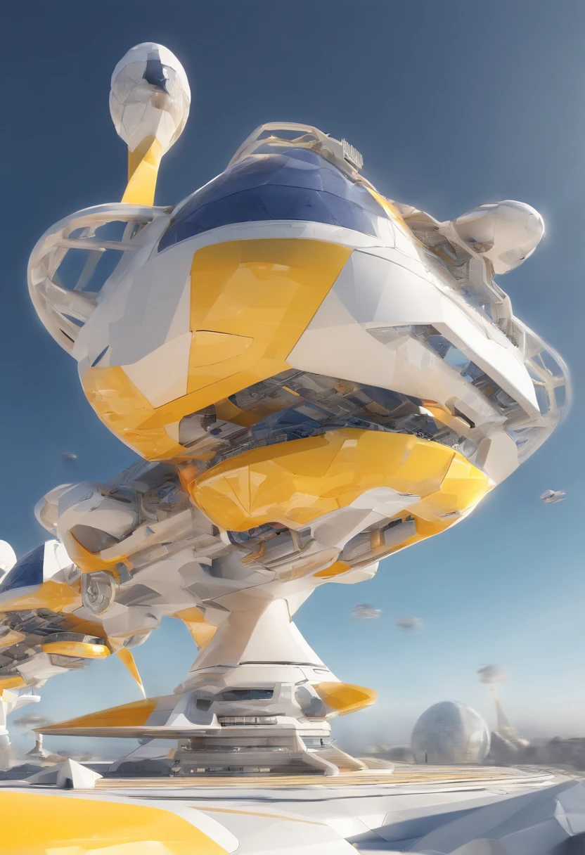 (a futuristic spaceships floating in the air), technology, digital, simple shading, low-poly render, white-yellow-grey-navy color, white background, machine