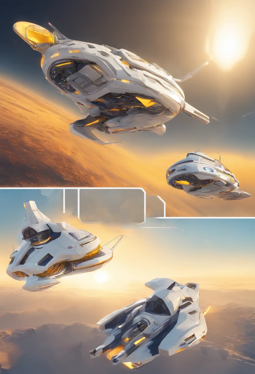 (a futuristic spaceships floating in the air), technology, digital, simple shading, low-poly render, white-yellow-grey-navy color, white background, machine