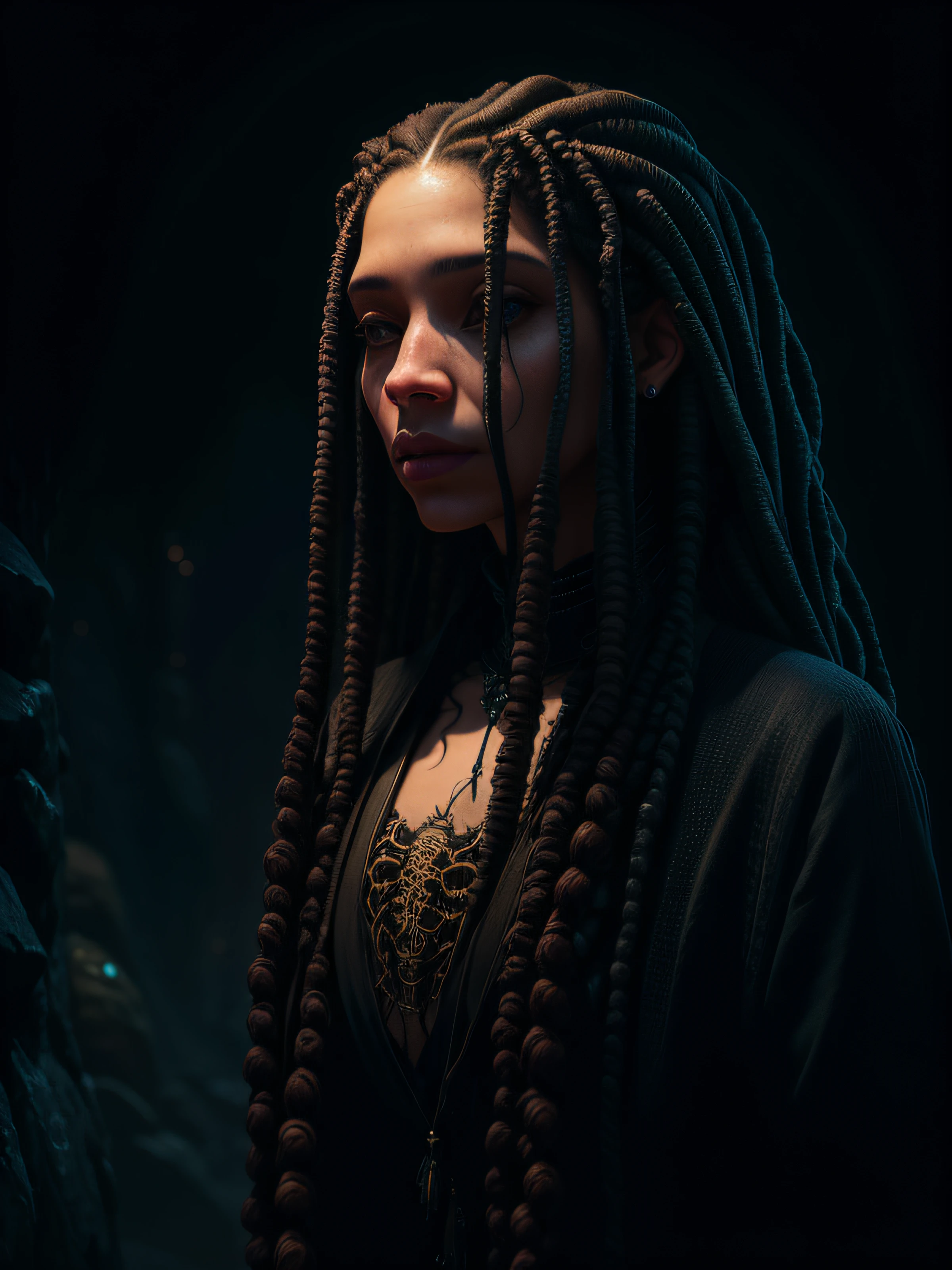 Colombian girl with a perfect face, Long dreadlocks, Lovecraft's Subtle Vibes, lolth, Tentacles, Peter Morbacher style, dark fantasy style art, DeviantArt ArtStation CGSCOSIETY, Fantasy art, bokeh, Octane rendering, ray traced, Beyond Detail. terror, terrific, Creepy, Scarimok a sense of sophistication and tranquility.
