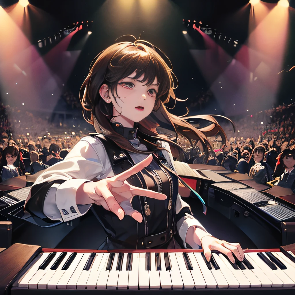 Male keyboardist,
Focused expression,
Hands on the keyboard,
Flying fingers, playing the keys,
Musical instrument, piano or synthesizer,
Dynamic posture,
Passionate performance,
Music notes floating in the air,
Stage lights illuminating the scene,
Energetic and captivating atmosphere. --auto