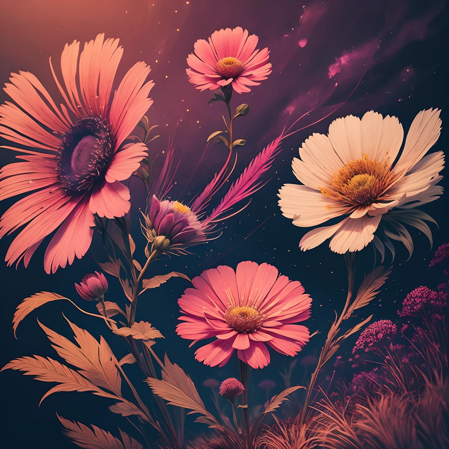 Realistic Flower Cosmos:1.5,Beautiful feathers:1.3,top-quality,Best Quality,Beautiful and mysterious flowers,Extremely detailed,Fractal Art:1.3,Colorful:1.4,highest details,Zentangle:1.2,Dynamic,Abstract background:1.3