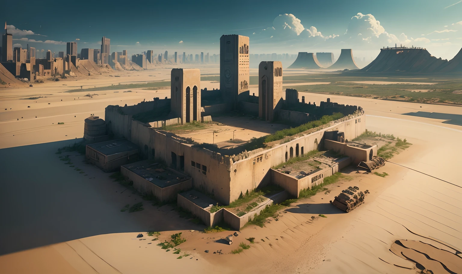 A walled apocalyptic city，Top-down view，Waste soil style，Well laid out，cyber punk perssonage，Back to the lake，the detail，The sky is full of yellow sand，Shabby wind