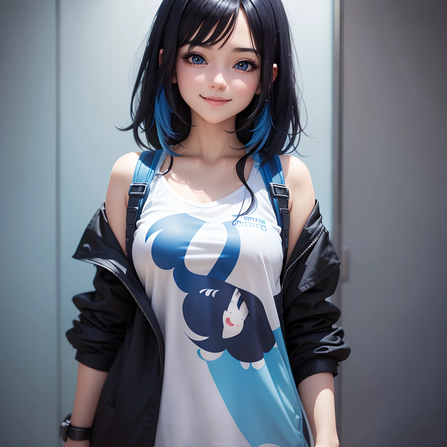 Anime girl, face: cuteness and smiling, eyes: cute and blue colour, clothes: modern clothes blue colour, hair: half black and half blue with best hairstyle, background: dark black image type: ultra realistic 8k.