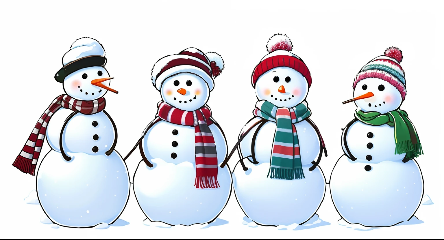 Three snowmen in hats and scarves stand in a row, frosty, digitally drawn, seasons!! : 🌸 ☀ 🍂 ❄, Snowy, (Snow), digitally colored, adolable, illustration!, CW, personal profile picture, unknown artist, clip art, Hilarious, added detail, author:Tom Wenerstrand, twas brillig, wide screenshot, snow snow, Snow