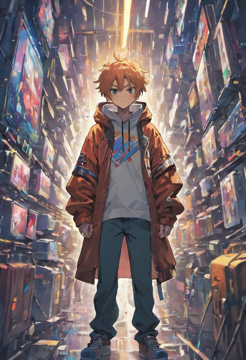 Male standing in the middle with expressions and poses of confusion and dispare he is being surrounded by many screens with a look of confusion and anger he is wearing a hoodie it’s a cyberpunk environment the background is white the male is holding a large sword he is also wearing headphones