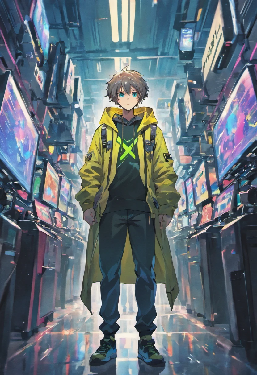 Male standing in the middle with expressions and poses of confusion and dispare he is being surrounded by many screens with a look of confusion and anger he is wearing a hoodie it’s a cyberpunk environment the background is white the male is holding a large sword he is also wearing headphones