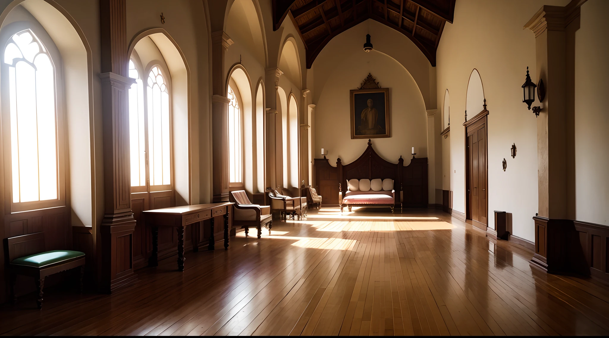 Interior view of East Africa Portuguese Governor's Palace, European and Christianity architecture, Kilwa, Mombasa, Malindi, Kingdom of Portugal, 15th century, medieval, East Africa element, Iberia Elements, mixture of East Africa style and European style and Kilwa style furniture, Portuguese style throne, no people, no word, no wordings, no signature