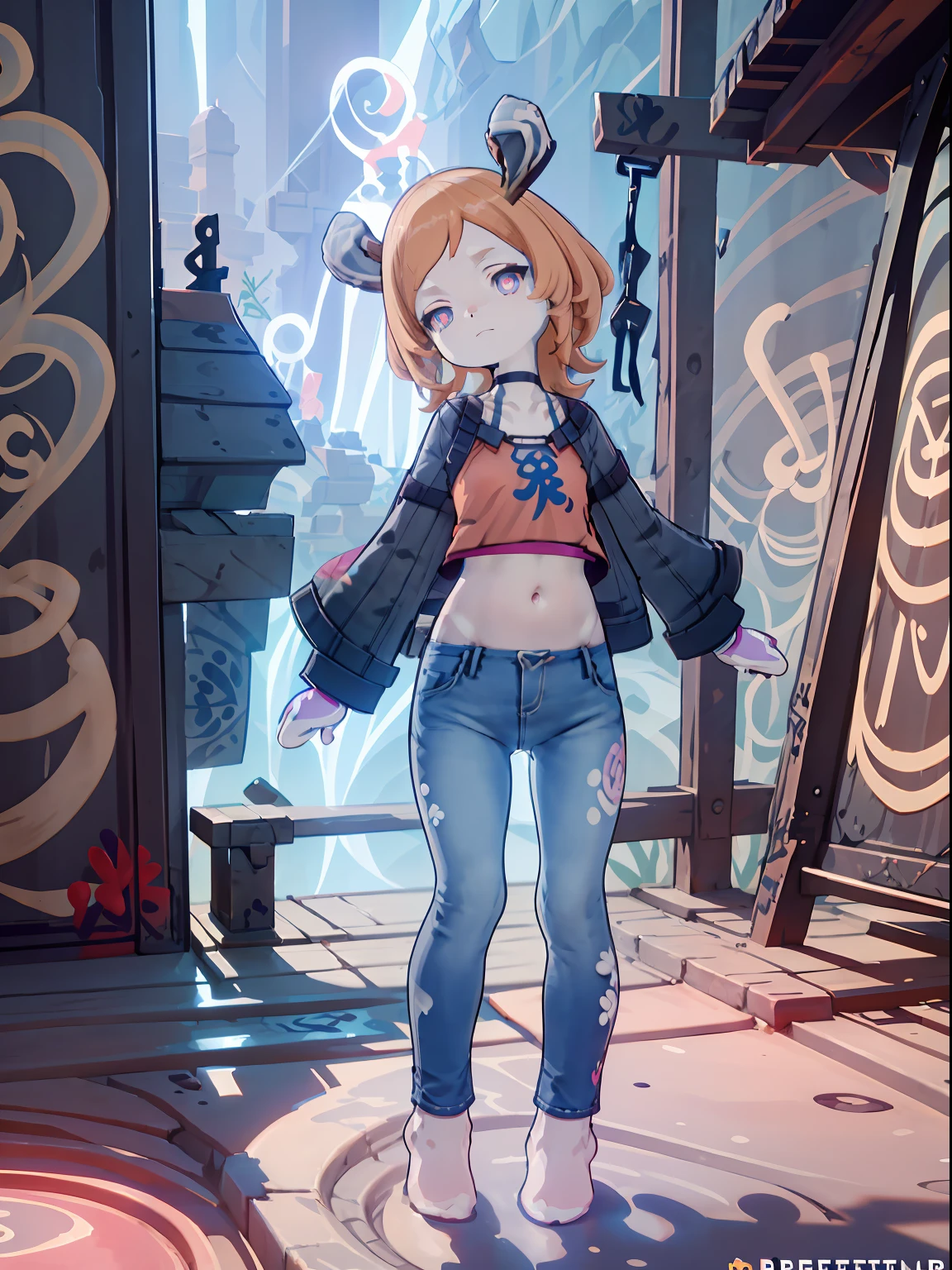 Melousine | genshin impact, master-piece, bestquality, 1girls,25 years old, proportional body, elongated legs, proportional., crop top, Long Jeans, mediuml breasts, ,bara, crop top, choker, (Graffiti:1.5), Splash with purple lightning pattern., arm behind back, against wall, View viewers from the front., Thigh strap, Head tilt, bored, 10, 10, HD,