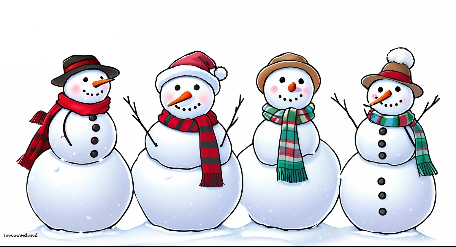 Three snowmen in hats and scarves stand in a row, frosty, digitally drawn, seasons!! : 🌸 ☀ 🍂 ❄, Snowy, (Snow), digitally colored, adolable, illustration!, CW, personal profile picture, unknown artist, clip art, Hilarious, added detail, author:Tom Wenerstrand, twas brillig, wide screenshot, snow snow, Snow