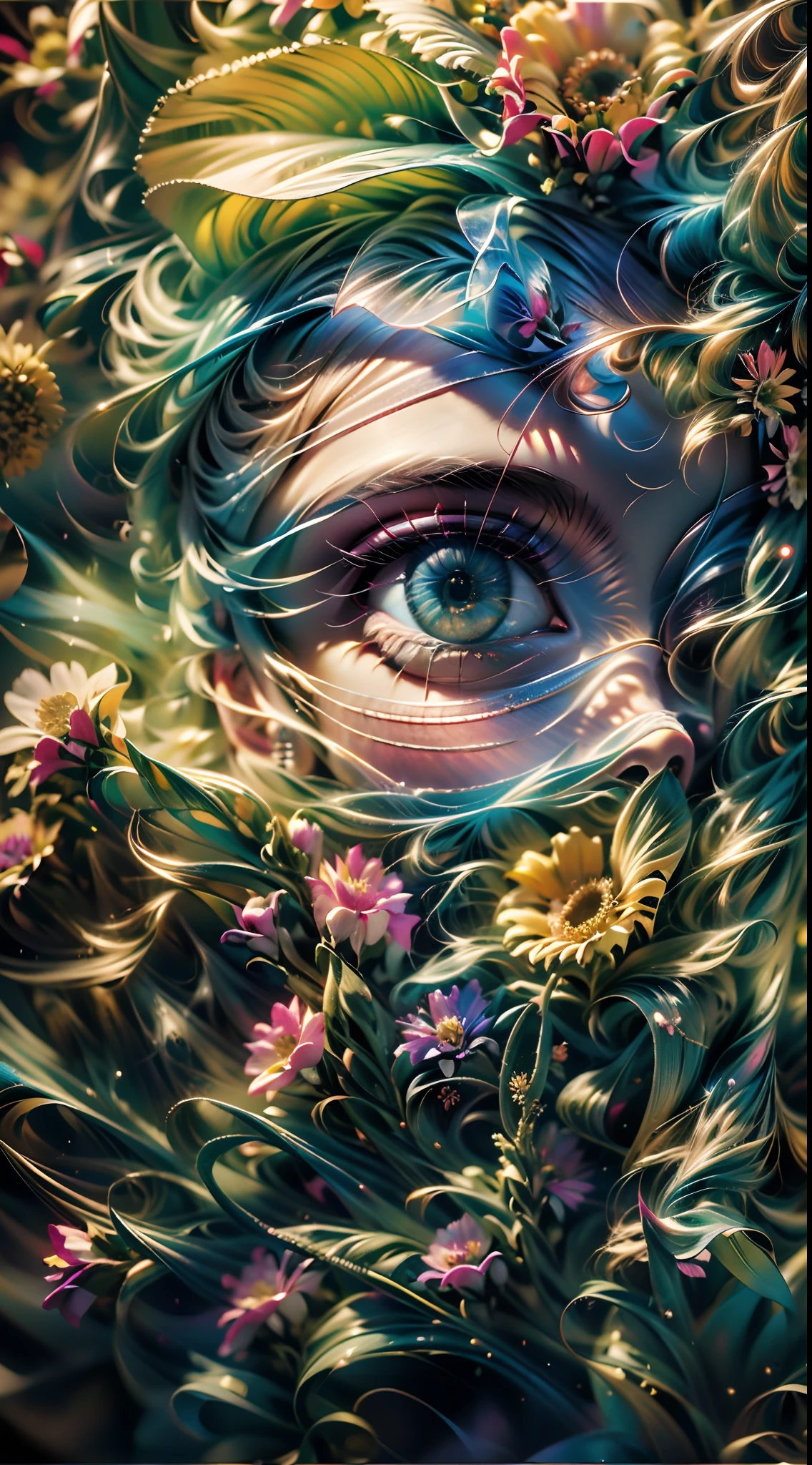 There's a woman's eye with a flower in her hair, pintura detalhada 4K, Arte digital altamente detalhada em 4k, intrincada pintura digital, arte digital de detalhes surpreendentes, Pintura 4K detalhada, Grande arte digital com detalhes, bela arte digital, Arte digital detalhada em 4k, 8k arte detalhada de alta qualidade, Arte 4K altamente detalhada, Arte altamente detalhada em 4K