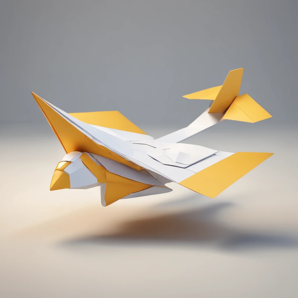 (a futuristic paper plane floating in the air), technology, digital, flat shading, white-yellow-grey-navy color, white background