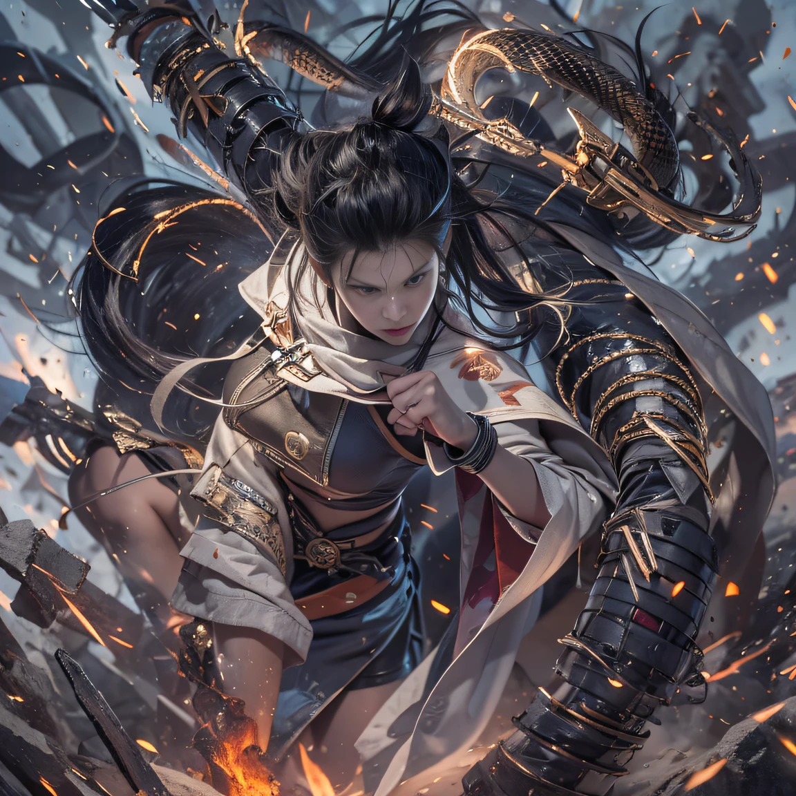 （废墟）eyes filled with angry，He clenched his fists，Rush up，Deliver a fatal blow to your opponent，full bodyesbian，Full Body Male Mage 32K（tmasterpiece，k hd，hyper HD，32K）Long flowing black hair，Campsite size，zydink， a color， patriot （废墟）， （Linen batik scarf）， Angry fighting stance， looking at the ground， Batik linen bandana， Chinese python pattern long-sleeved garment， （Abstract propylene splash：1.2）， Dark clouds lightning background，Flour flies（realisticlying：1.4），Black color hair，Flour fluttering，Background fog， A high resolution， the detail， RAW photogr， Sharp Re， Nikon D850 Film Stock Photo by Jefferies Lee 4 Kodak Portra 400 Camera F1.6 shots, Rich colors, ultra-realistic vivid textures, Dramatic lighting, Unreal Engine Art Station Trend, cinestir 800，Flowing black hair,（（（Male mage））），The male mage was furious，