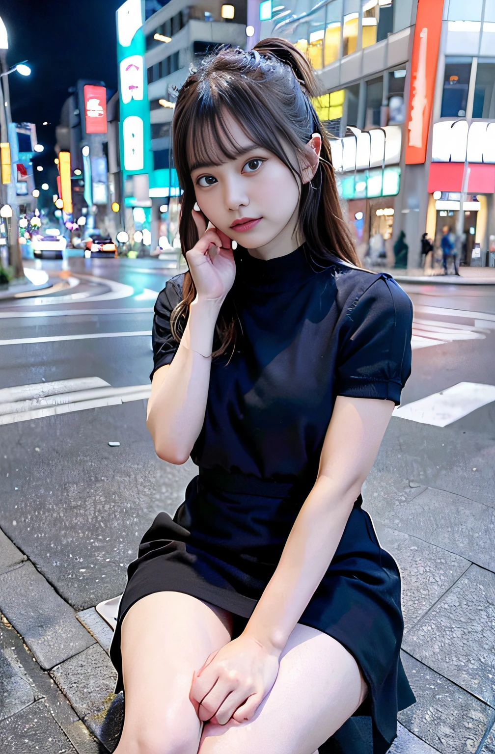 1人、Tokyo Street、natta、A city scape、city light、thighs thighs thighs thighs、beauty legs、Black dress、irate、glares、a cold expression、disgust、withdraw、reaching out her hands(8k、RAW Photography、top-quality、masterpiece:1.2)、(realisitic、photoRealstic:1.37)、