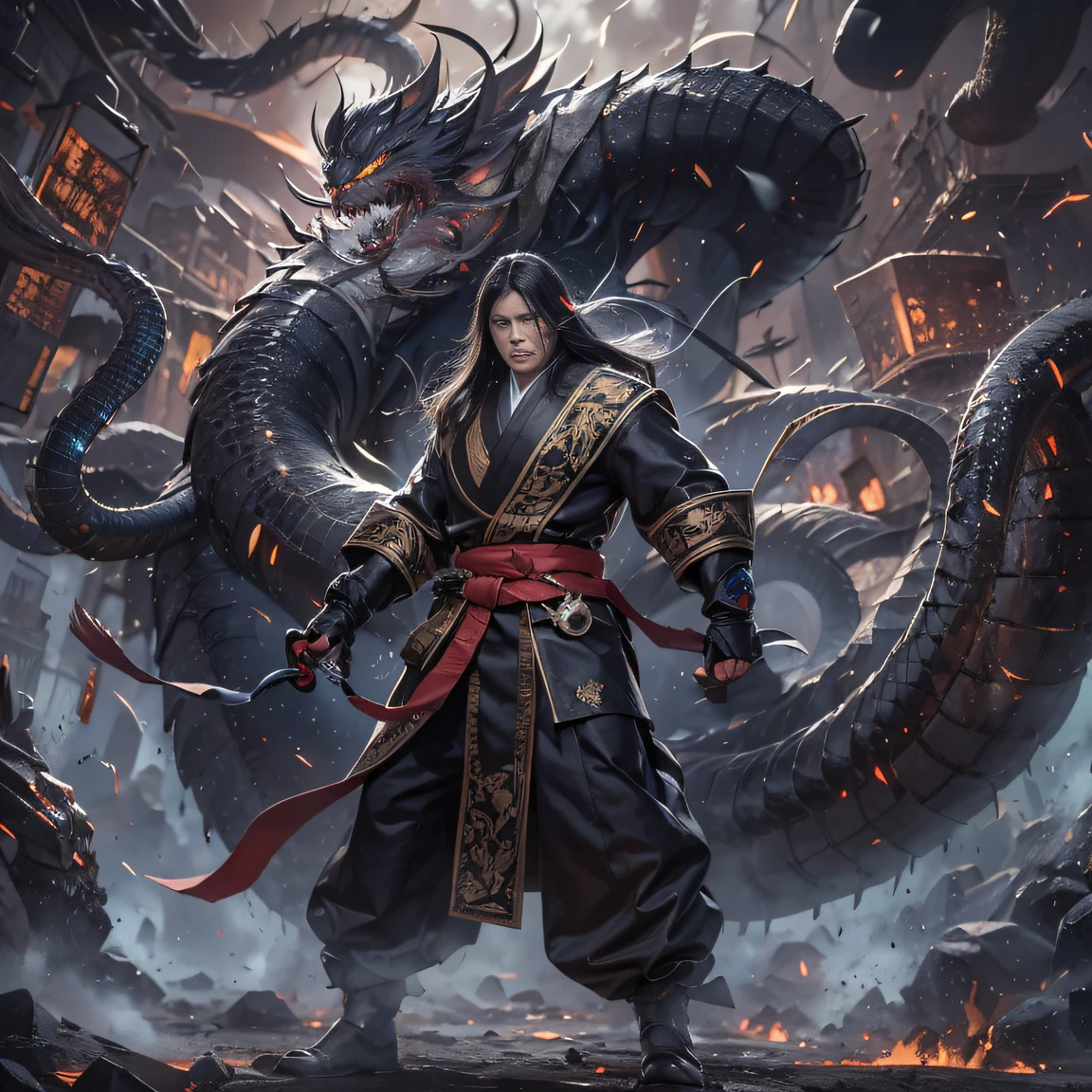 (废墟)eyes filled with angry,He clenched his fists,Rush up,Deliver a fatal blow to your opponent,full bodyesbian,Full Body Male Mage 32K(tmasterpiece,k hd,hyper HD,32K)Long flowing black hair,Campsite size,zydink, a color, patriot (废墟), (Linen batik scarf), Angry fighting stance, looking at the ground, Batik linen bandana, Chinese python pattern long-sleeved garment, (Abstract propylene splash:1.2), Dark clouds lightning background,Flour flies(realisticlying:1.4),Black color hair,Flour fluttering,Background fog, A high resolution, the detail, RAW photogr, Sharp Re, Nikon D850 Film Stock Photo by Jefferies Lee 4 Kodak Portra 400 Camera F1.6 shots, Rich colors, ultra-realistic vivid textures, Dramatic lighting, Unreal Engine Art Station Trend, cinestir 800,Flowing black hair,(((Male mage))),The male mage was furious,
