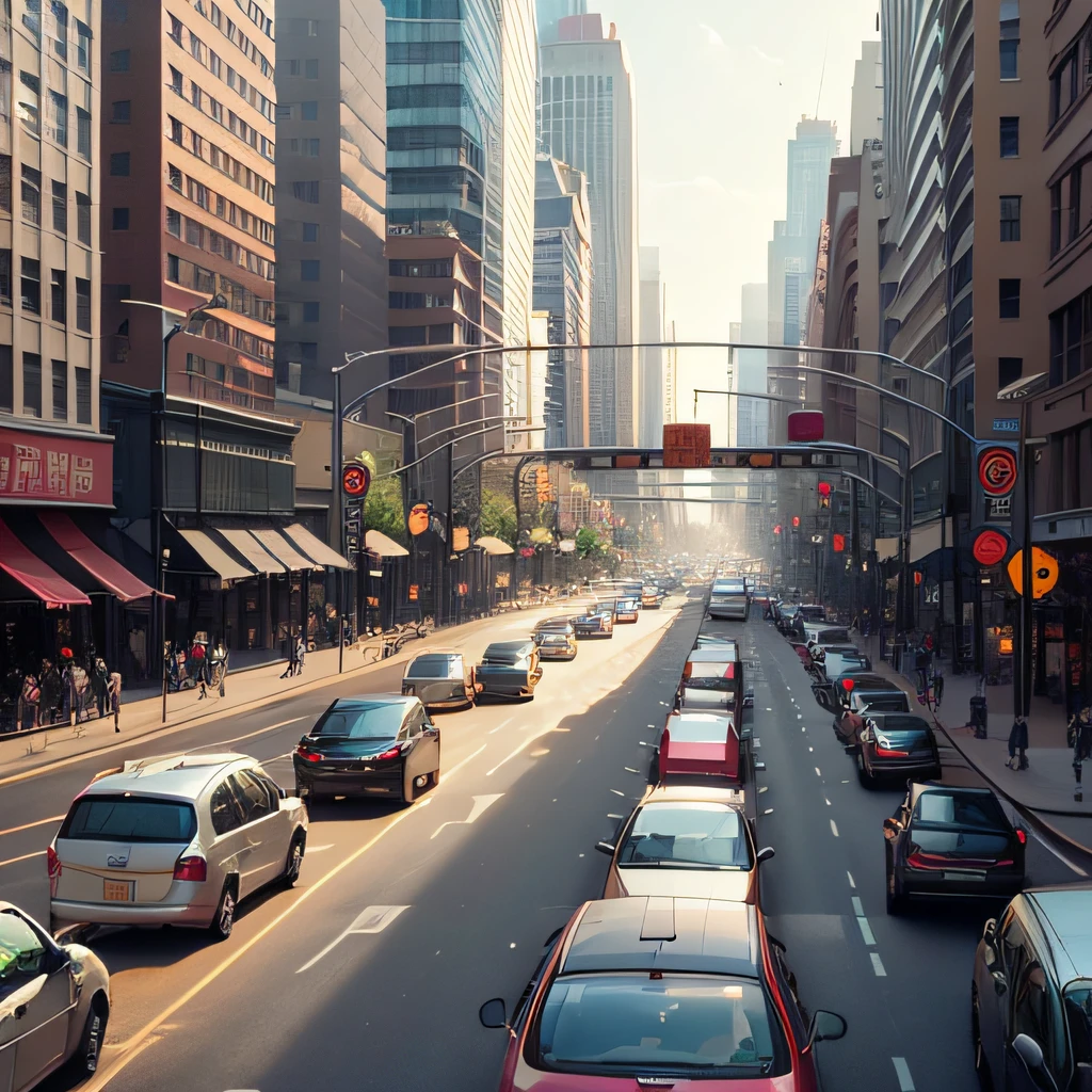 Busy city streets, traffic congestion, urban hustle and bustle, cars, buses, and motorcycles. --auto
