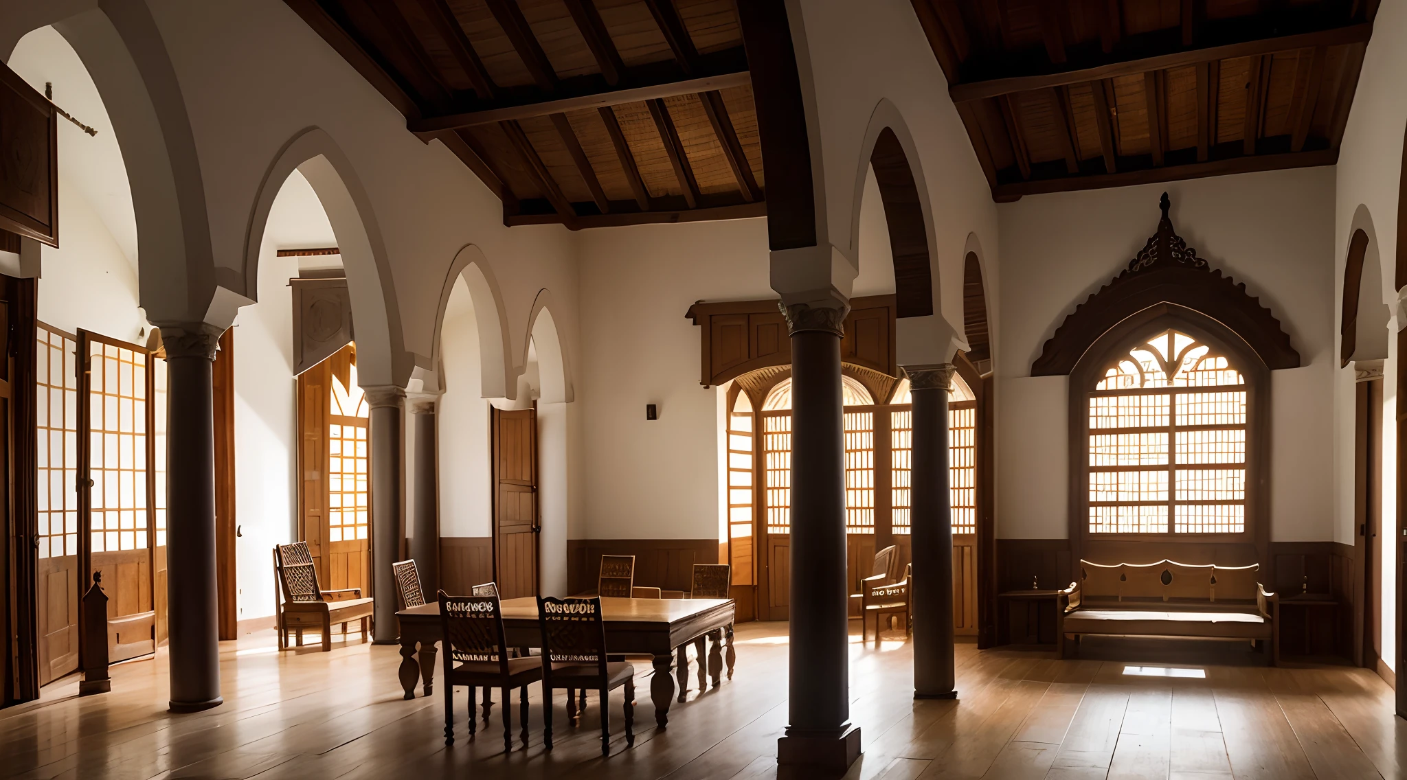 Interior view of East Africa Portuguese Governor's Palace, European and Christianity architecture, Kilwa, Mombasa, Malindi, Kingdom of Portugal, 15th century, medieval, East Africa element, Iberia Elements, mixture of East Africa style and European style and Kilwa style furniture, Portuguese style throne, no people, no word, no wordings, no signature