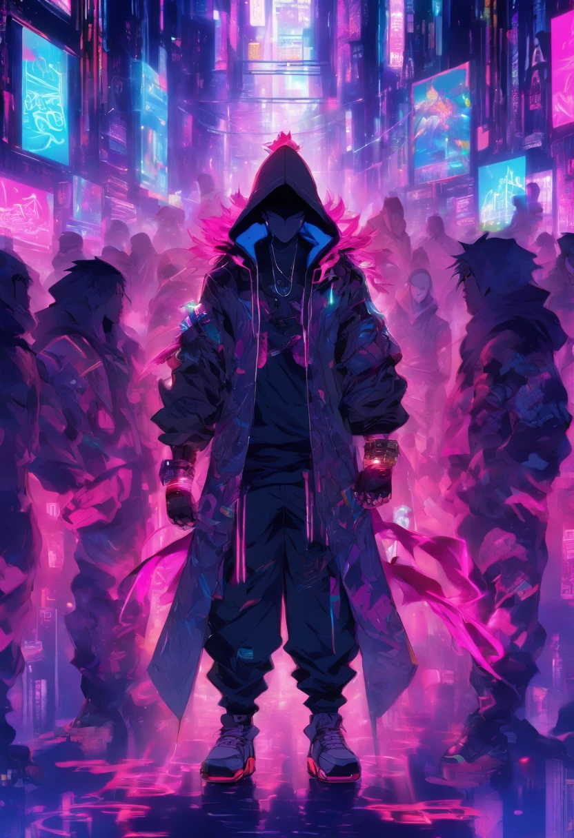 Male standing in the middle with his back turned against the viewer he has expressions and poses of confusion and dispare he is being surrounded by many invisible screens he is wearing a hoodie it’s a cyberpunk environment the background is white the male is holding a large sword he is also wearing headphones