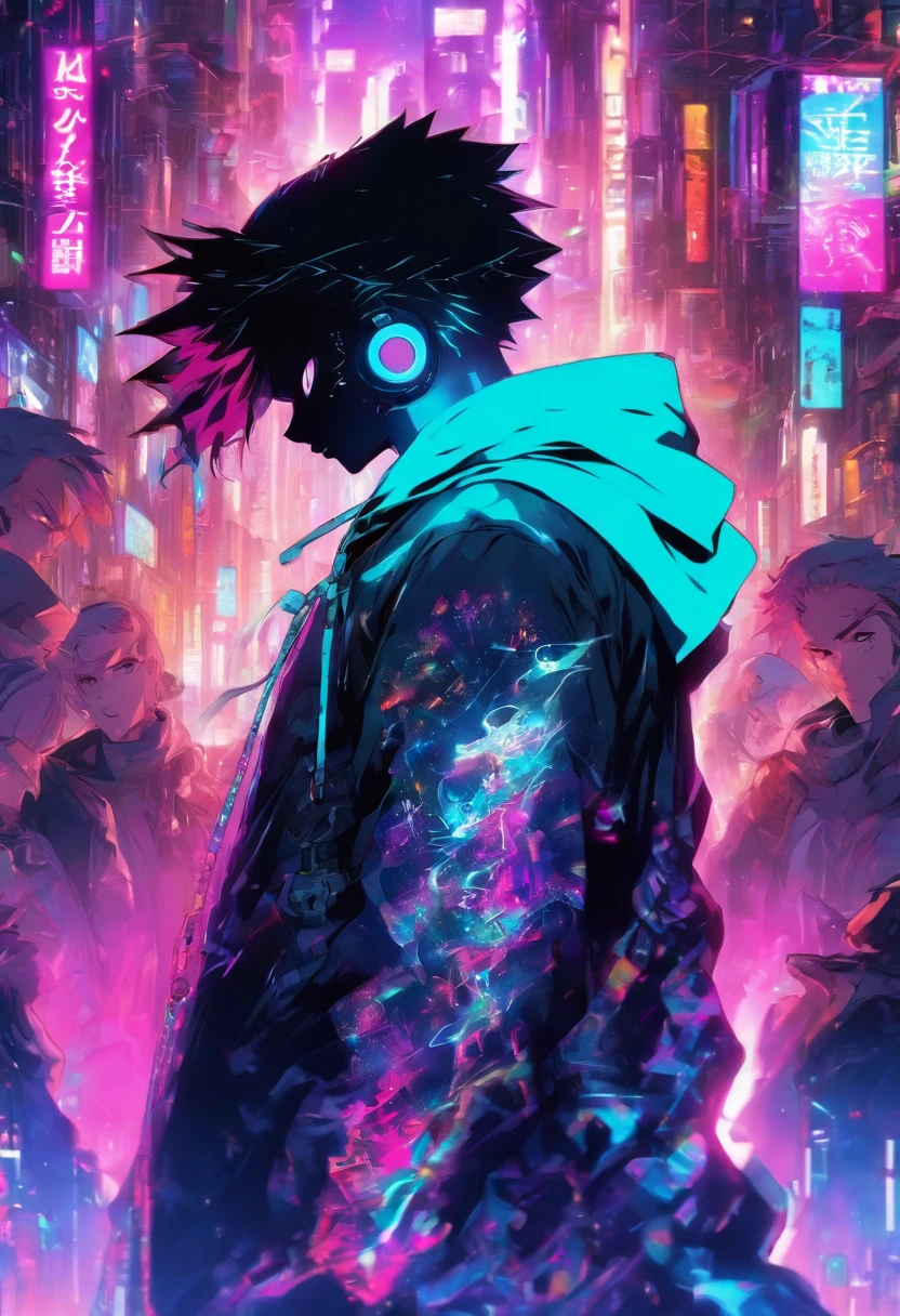 Male standing in the middle with his back turned against the viewer he has expressions and poses of confusion and dispare he is being surrounded by many invisible screens he is wearing a hoodie it’s a cyberpunk environment the background is white the male is holding a large sword he is also wearing headphones