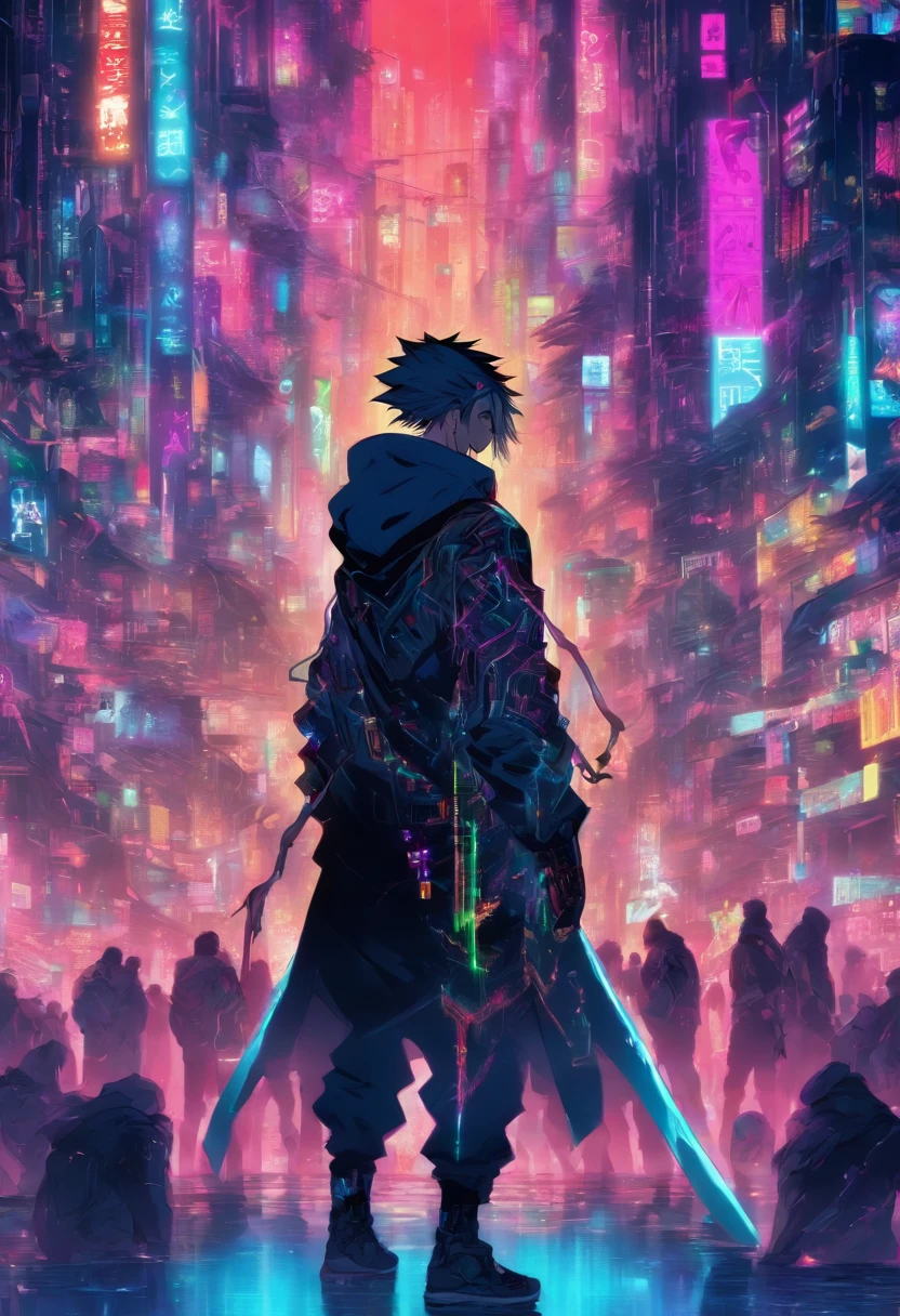 Male standing in the middle with his back turned against the viewer he has expressions and poses of confusion and dispare he is being surrounded by many invisible screens he is wearing a hoodie it’s a cyberpunk environment the background is white the male is holding a large sword he is also wearing headphones