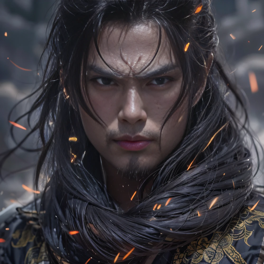 (废墟)eyes filled with angry,He clenched his fists,Rush up,Deliver a fatal blow to your opponent,full bodyesbian,Full Body Male Mage 32K(tmasterpiece,k hd,hyper HD,32K)Long flowing black hair,Campsite size,zydink, a color, patriot (废墟), (Linen batik scarf), Angry fighting stance, looking at the ground, Batik linen bandana, Chinese python pattern long-sleeved garment, (Abstract propylene splash:1.2), Dark clouds lightning background,Flour flies(realisticlying:1.4),Black color hair,Flour fluttering,Background fog, A high resolution, the detail, RAW photogr, Sharp Re, Nikon D850 Film Stock Photo by Jefferies Lee 4 Kodak Portra 400 Camera F1.6 shots, Rich colors, ultra-realistic vivid textures, Dramatic lighting, Unreal Engine Art Station Trend, cinestir 800,Flowing black hair,(((Male mage))),The male mage was furious,