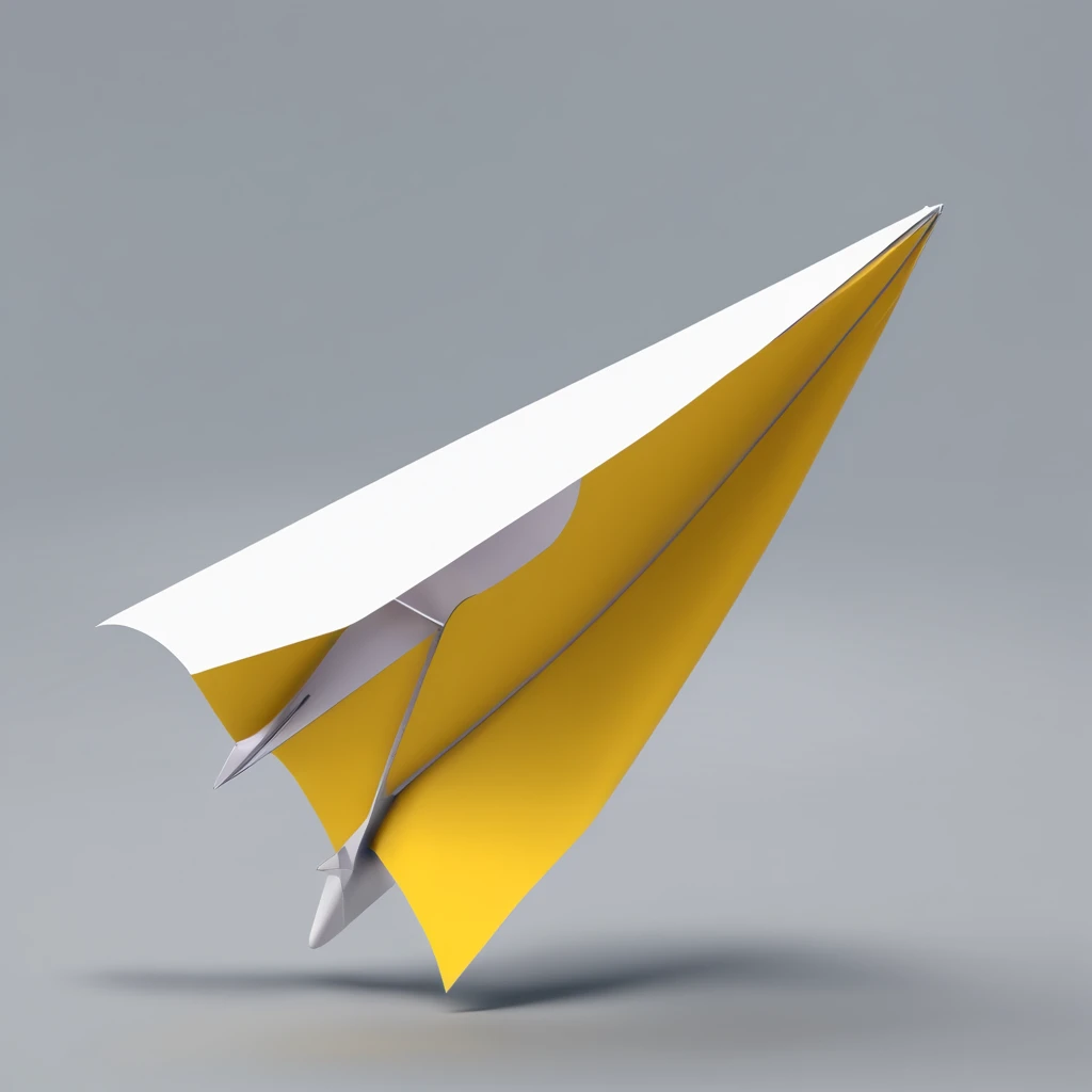 (a paper plane floating in the air), technology, futuristic, digital, flat shading, white-yellow-grey-navy color, white background