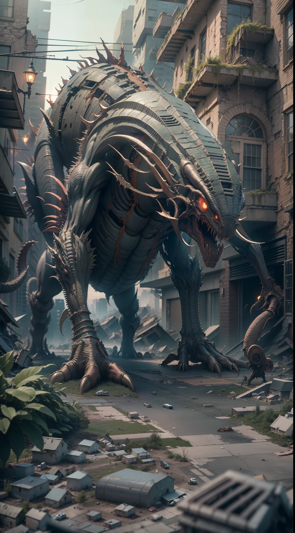 k hd、Best image quality、Super detailed CG illustration，Fine illustration，Dilapidated city ruins，Bug-type monsters crawling around