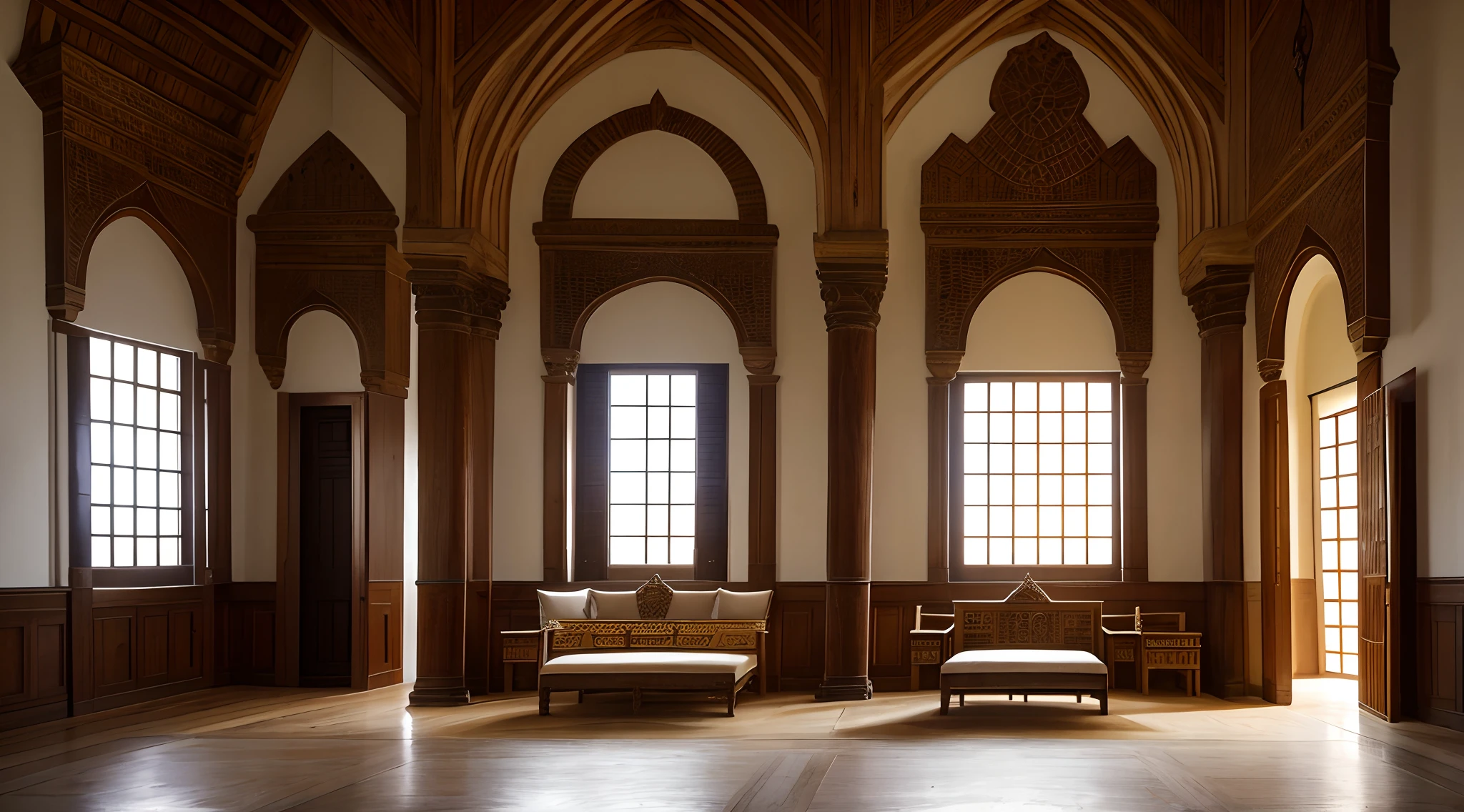 Interior view of East Africa Portuguese Governor's Palace, European and Christianity architecture, Kilwa, Mombasa, Malindi, Kingdom of Portugal, 15th century, medieval, East Africa element, Iberia Elements, mixture of East Africa style and European style and Kilwa style furniture, Portuguese style throne, no people, no word, no wordings, no signature