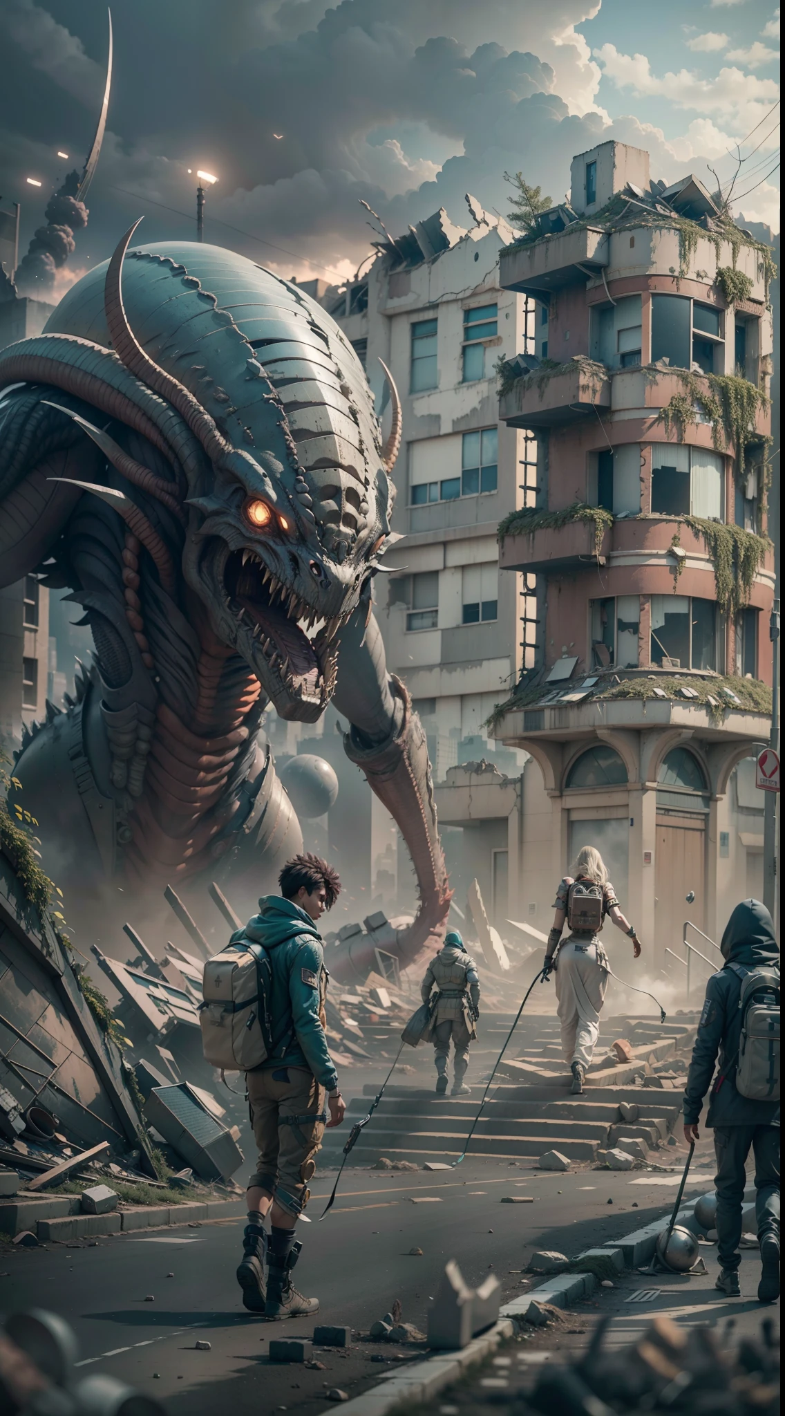 A highly detailed and technologically advanced alien monster in a post-apocalyptic cityscape, houses in ruins, in the distance six alien monsters are destroying the houses. Another dimension, the creator of the universe,Walking on empty streets, Around ancient strong magic, 8K photo quality, intricate details, depth of field,