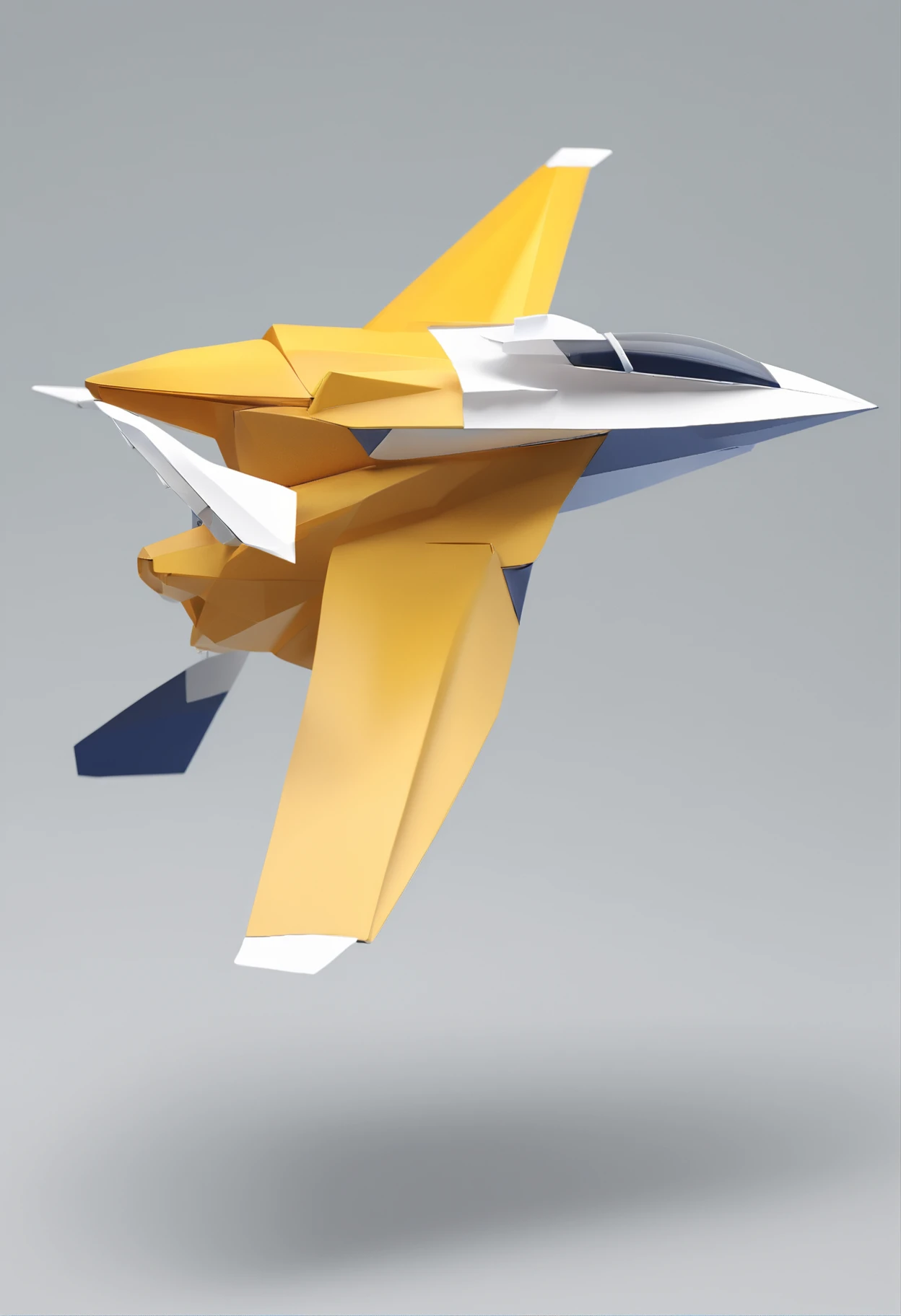 (a futuristic paper plane floating in the air), technology, digital, simple shading, low-poly render, white-yellow-grey-navy color, white background