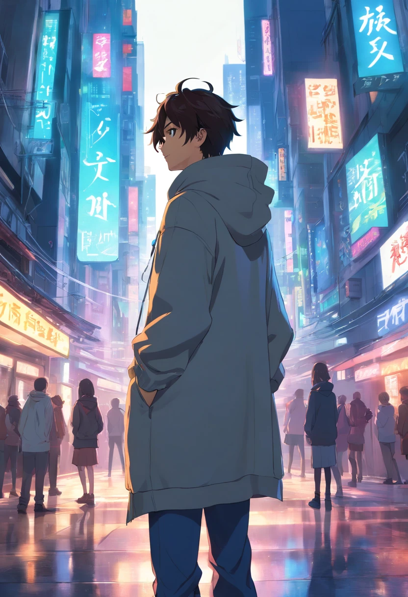 Male standing in the middle with his back turned against the viewer he has expressions and poses of confusion and dispare he is being surrounded by many invisible screens he is wearing a hoodie it’s a cyberpunk environment the background is white the male is holding a large sword he is also wearing headphones