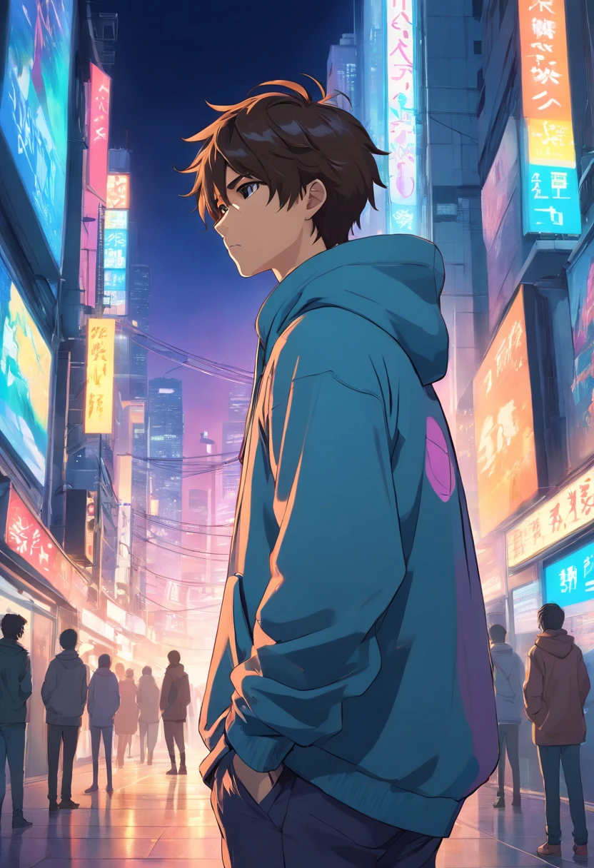 Male standing in the middle with his back turned against the viewer he has expressions and poses of confusion and dispare he is being surrounded by many invisible screens he is wearing a hoodie it’s a cyberpunk environment the background is white the male is holding a large sword he is also wearing headphones