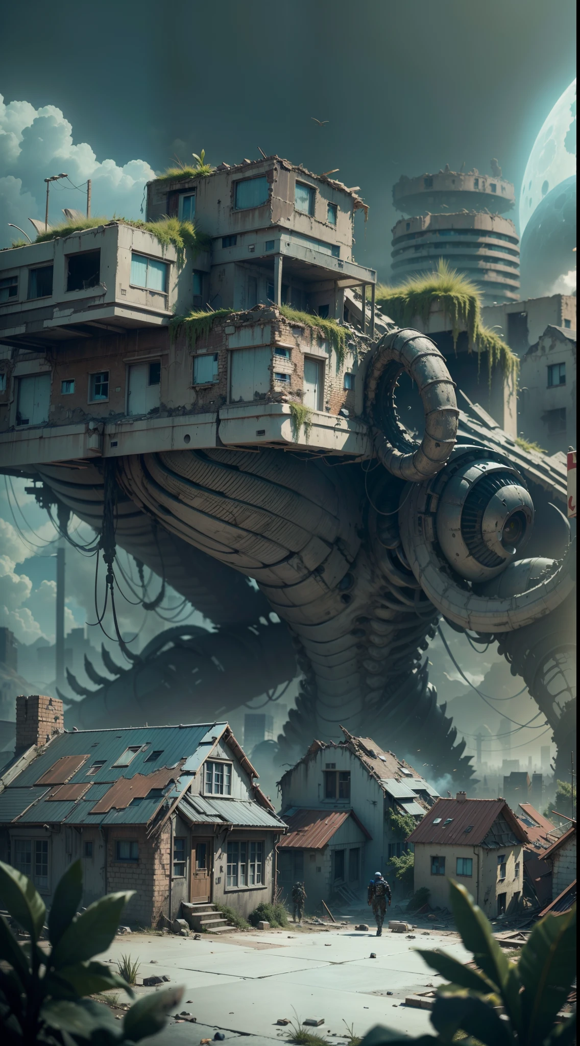 A highly detailed and technologically advanced alien monster in a post-apocalyptic cityscape, houses in ruins, in the distance six alien monsters are destroying the houses. Another dimension, the creator of the universe,Walking on empty streets, Around ancient strong magic, 8K photo quality, intricate details, depth of field,